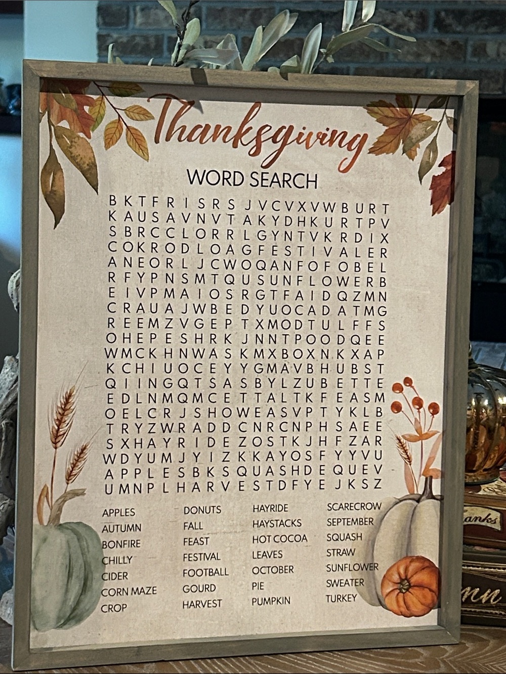 NEW! Fall Autumn Harvest Thanksgiving Word Search Pumpkin & Leaves Wood Wall Art